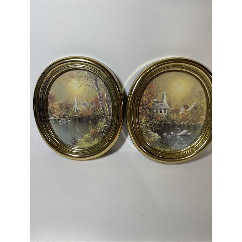 VTG HOMCO Lot Of 2 Swan Lake  And Church Oval Gold Wall Pictures 7.5"
